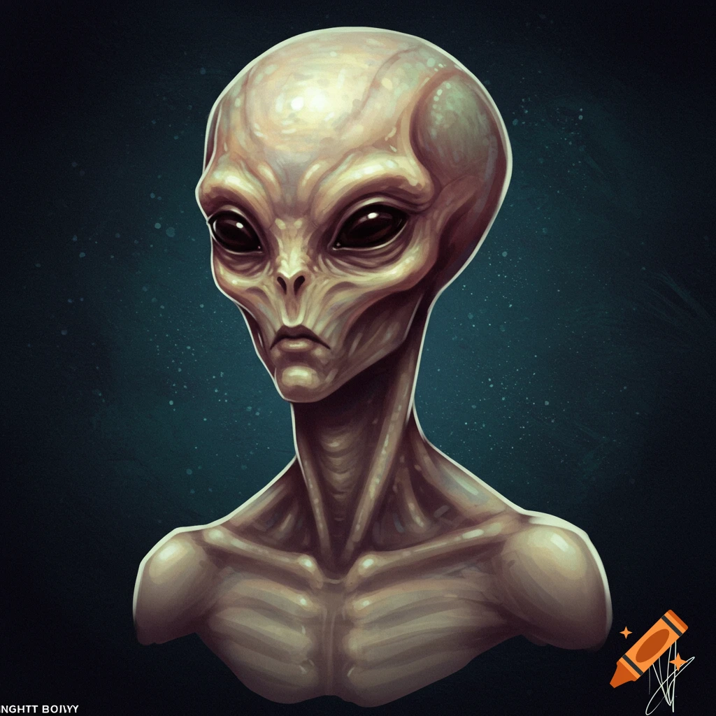 Digital painting of a grey alien bust