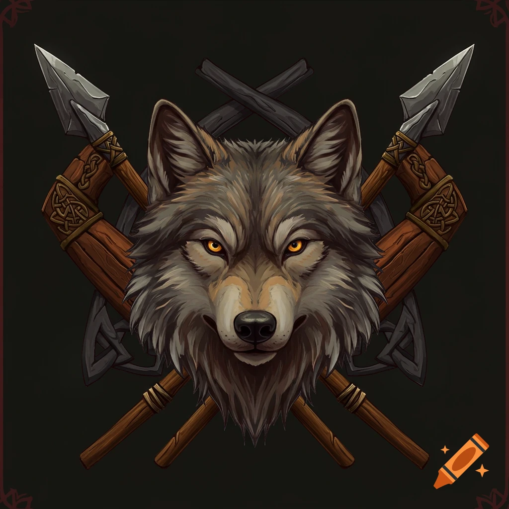 Illustration of a wolf's head with crossed spears in a viking style