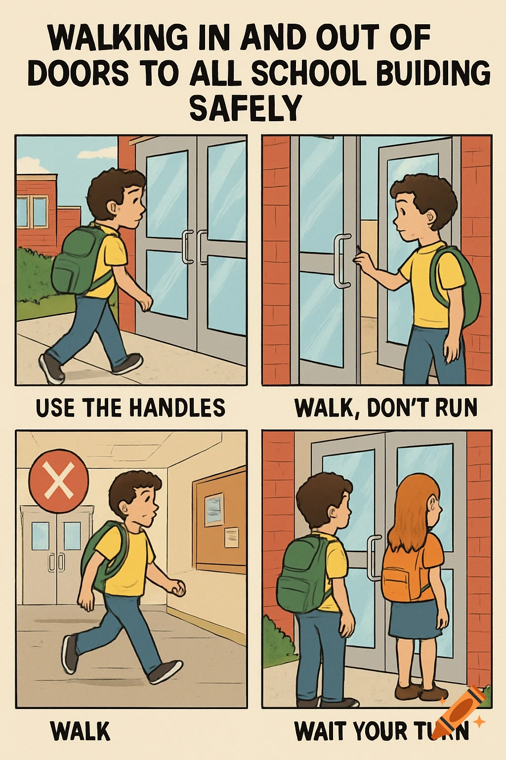 A four-panel comic strip illustrating school safety rules for walking through doors.