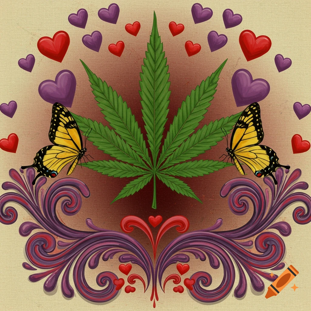 A symmetrical design featuring a cannabis leaf, two yellow butterflies, red and purple hearts, and decorative swirls.