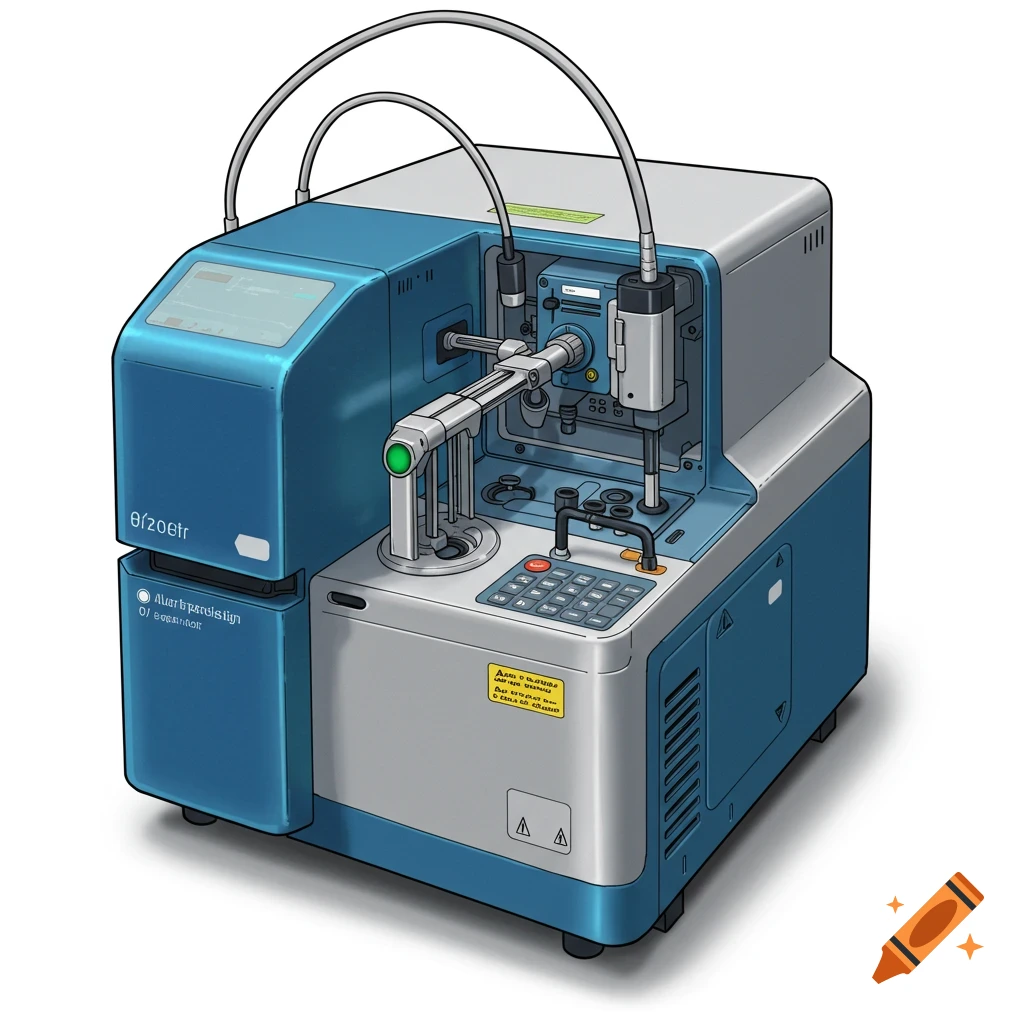 An illustration of a blue and silver medical analysis machine with tubes and controls.