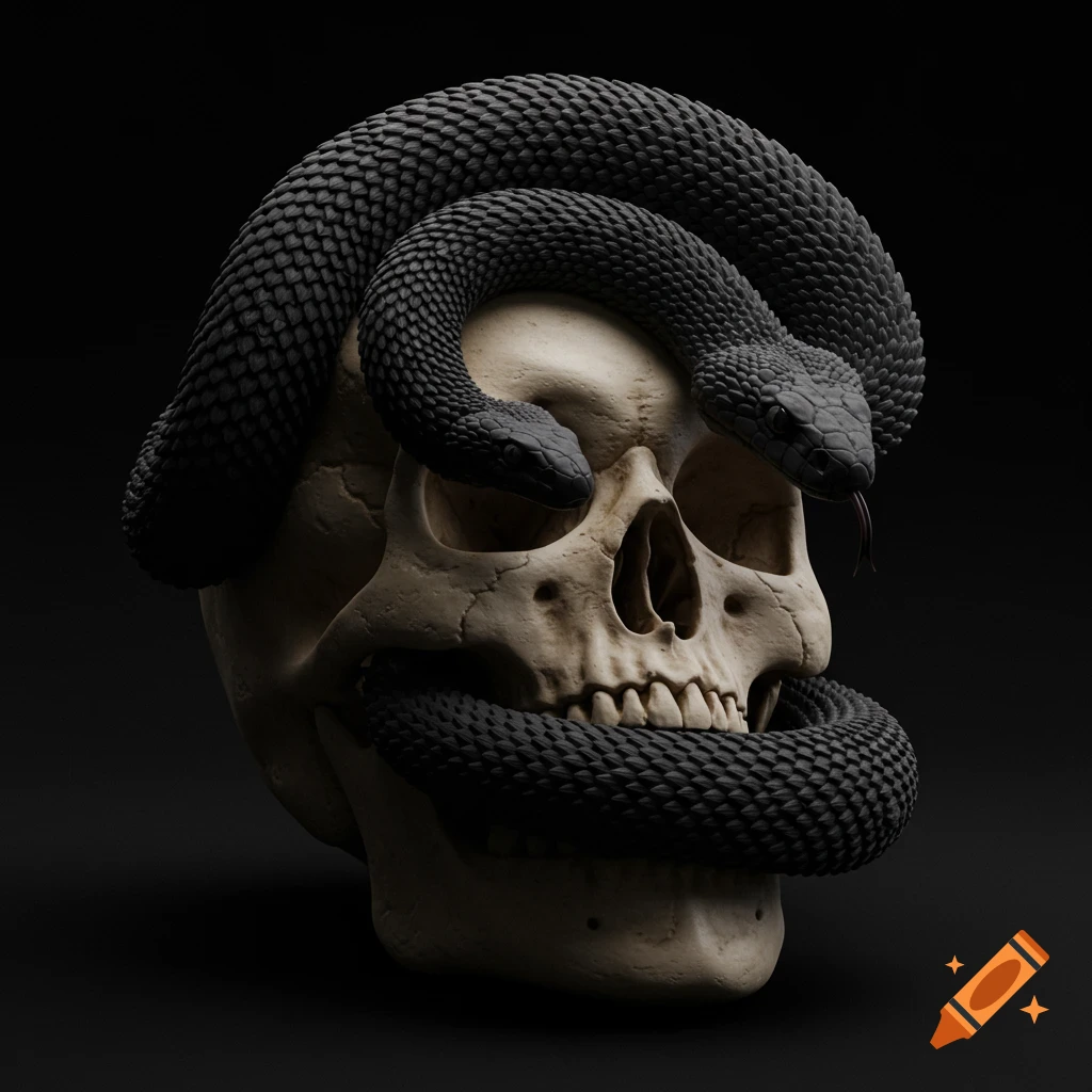 Hyper-realistic 3D rendering of a black snake wrapped around a human skull, with one snake head emerging from the skull's mouth.