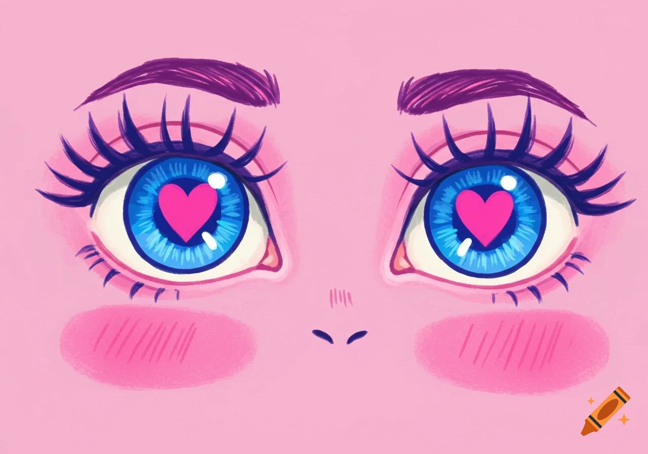 Close-up cartoon illustration of bright blue eyes with pink hearts for pupils on a pink background, with pink blush and purple eyebrows.