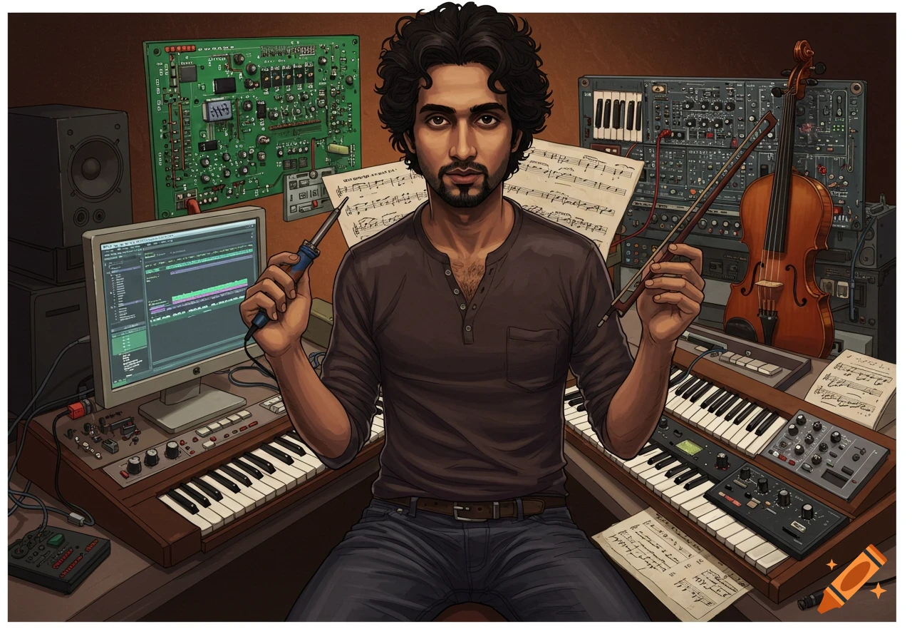 A man sits surrounded by musical instruments, computers, and electronic ...