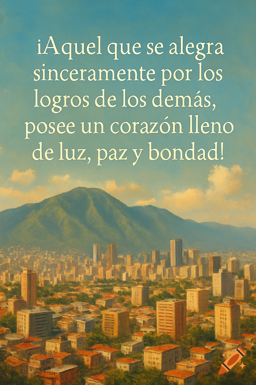 Illustration of a city and mountain with an overlaid quote in Spanish.