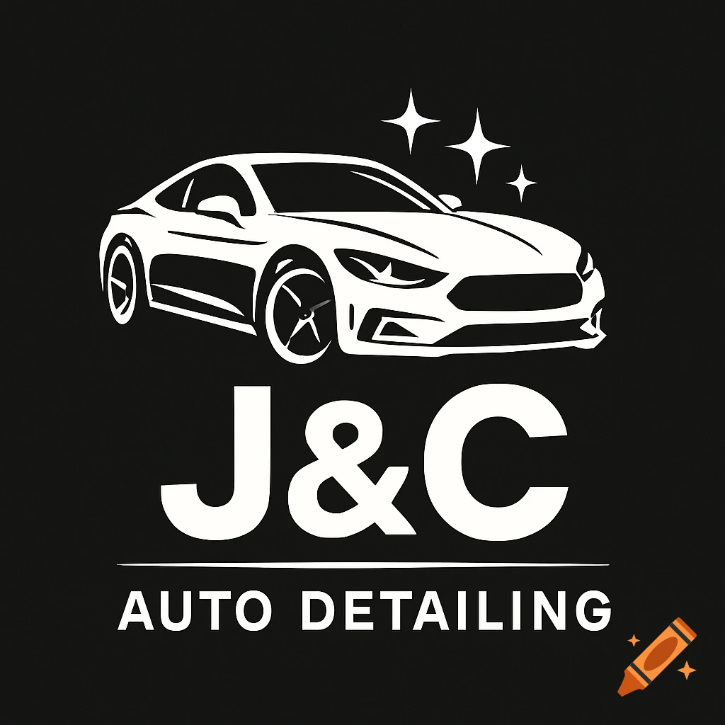 Black and white logo for car detailing with a car graphic and the text "J&C AUO DETALING AUTO DETAILING".