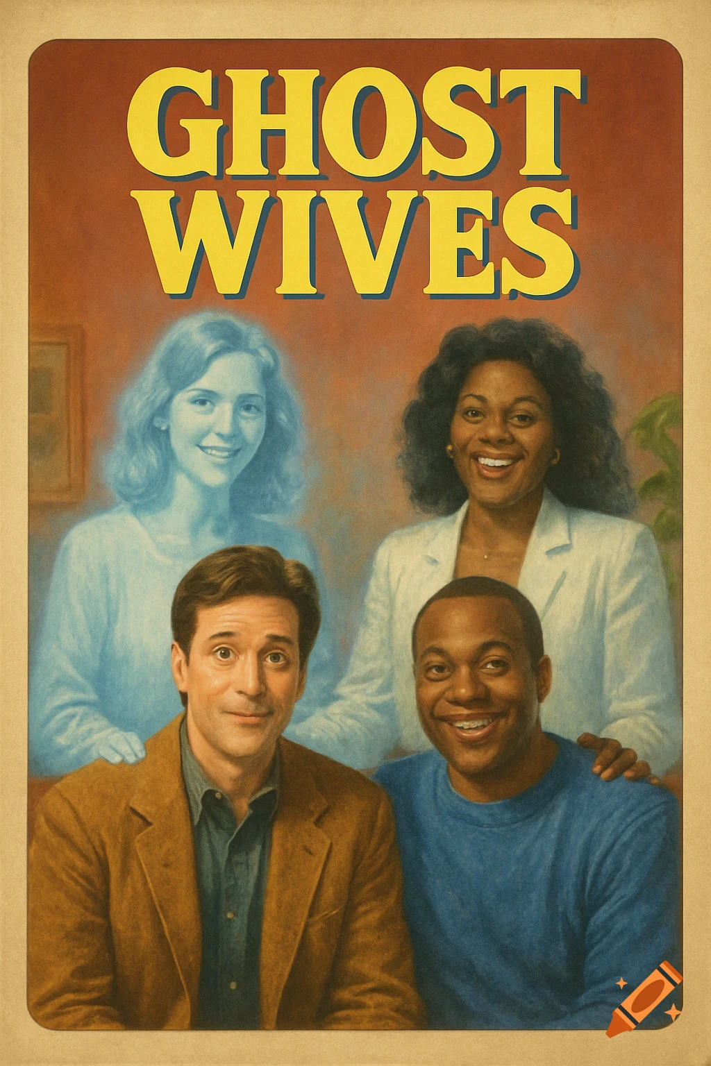 Poster for Ghost Wives sitcom featuring two men and two ghostly women behind them, illustration style.