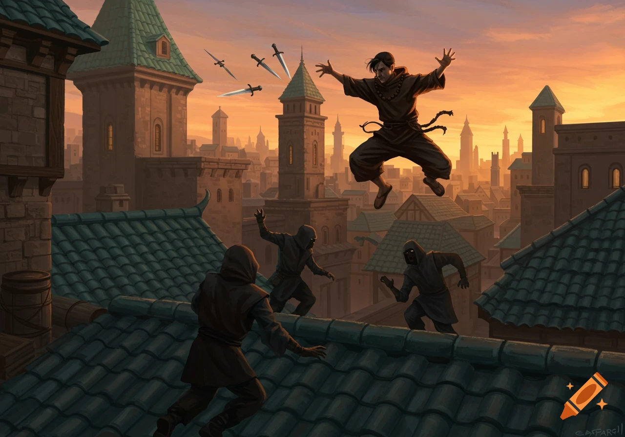 A monk jumps from rooftops throwing daggers at hooded figures in a city at sunset.