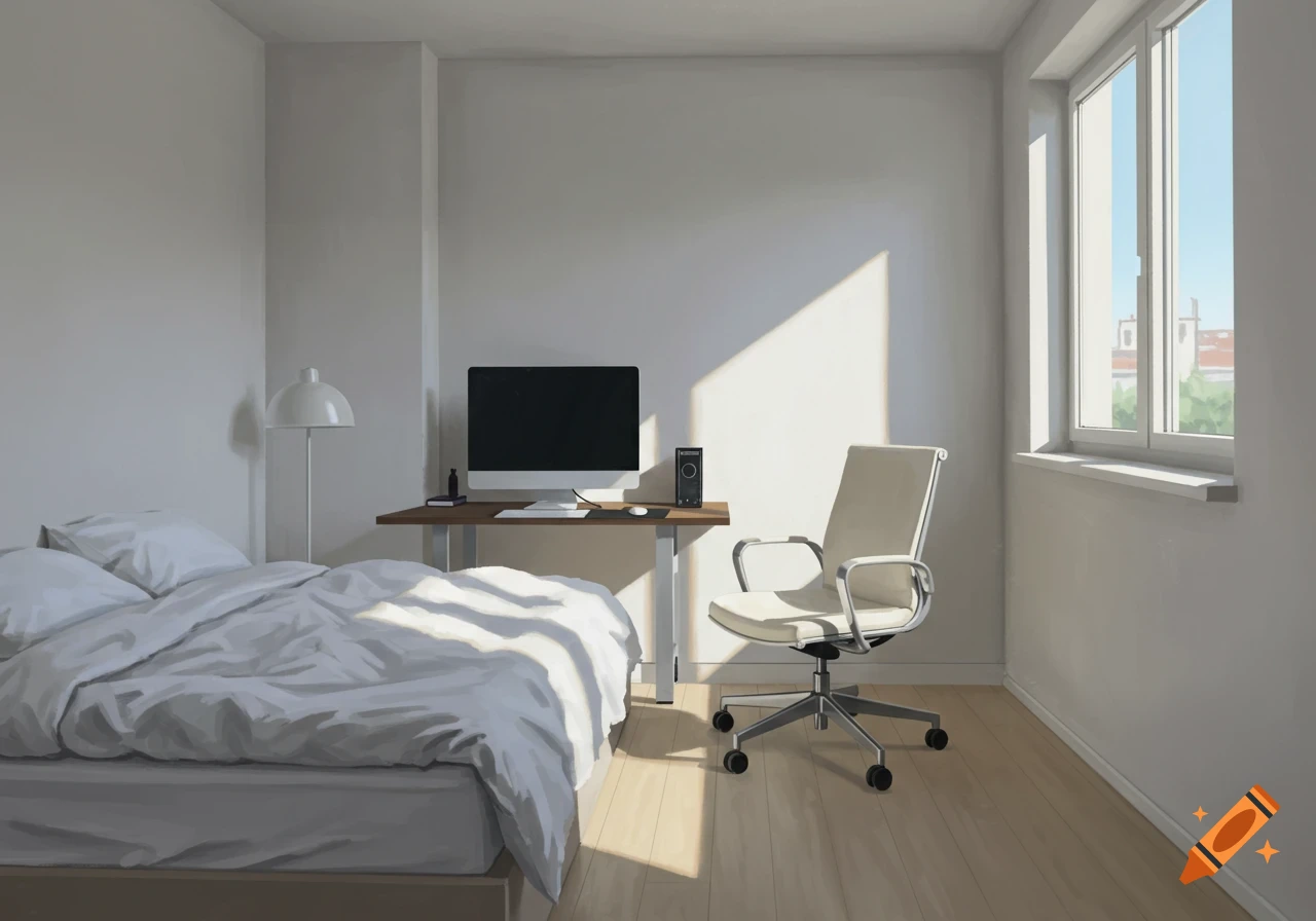 A minimalist bedroom interior with a bed, desk with a computer, chair, and a large window.