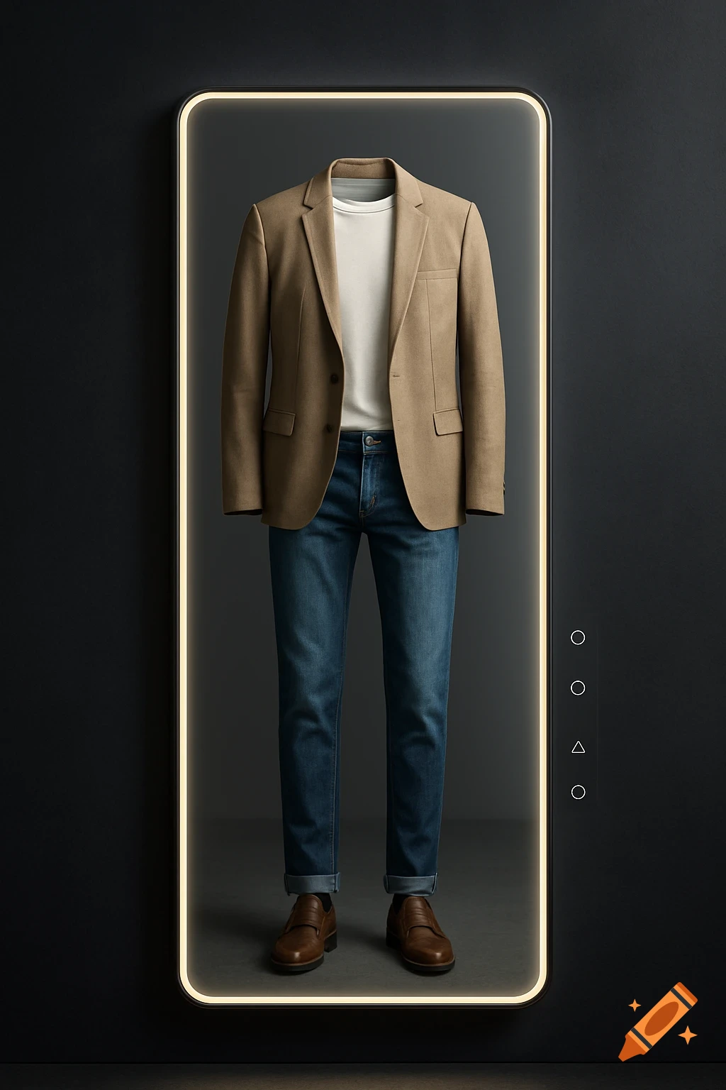 A full outfit displayed in a futuristic mirror with a glowing frame and interactive buttons.