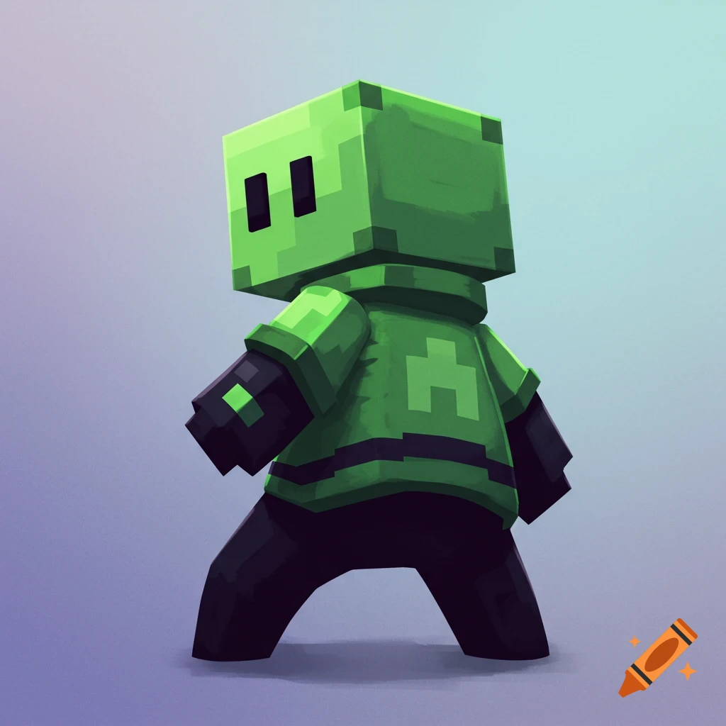 A stylized blocky green character, similar to a Minecraft Creeper, wearing a jacket and viewed from behind.