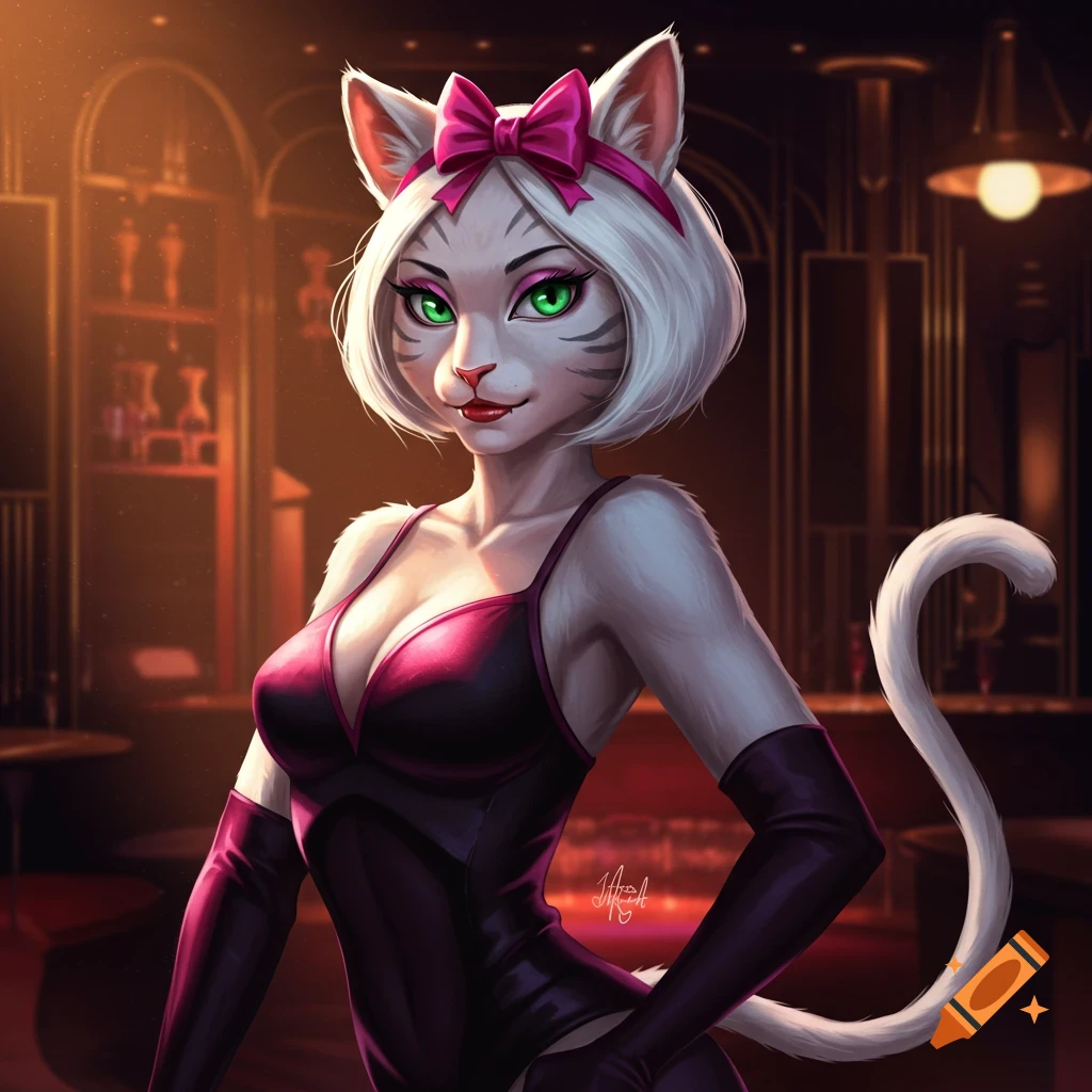 Digital art of a glamorous anthro cat woman with a pink bow in a bar.