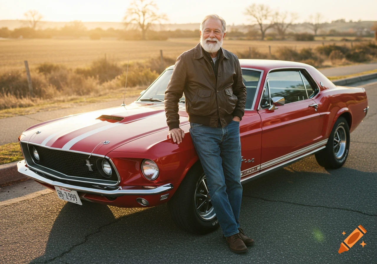 Older man leaning on a red classic muscle car at sunset.