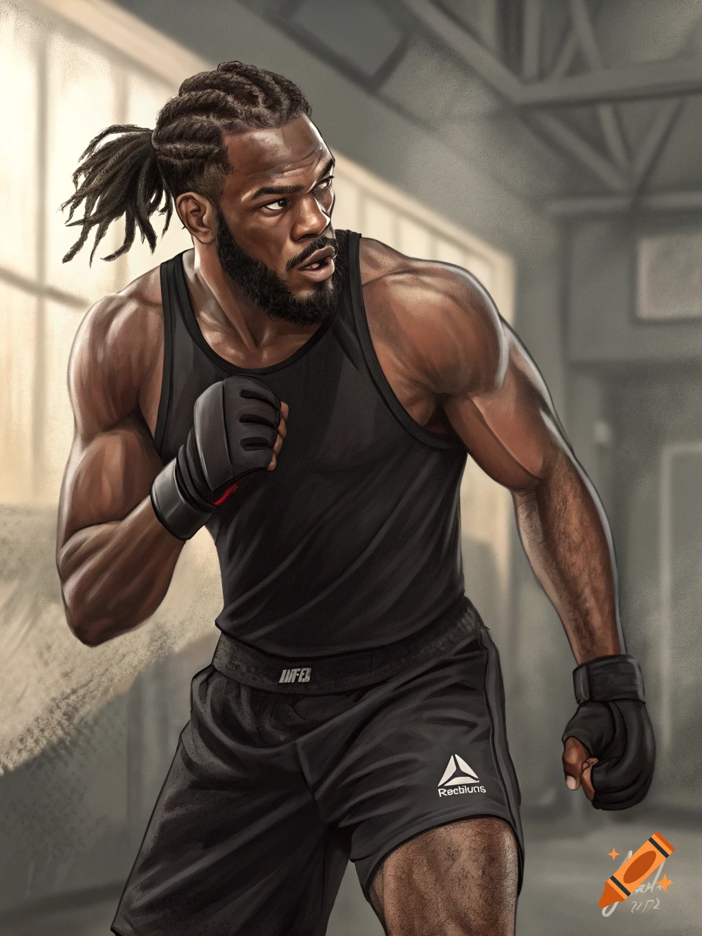 Illustration of a muscular man with dreadlocks wearing a black tank top and shorts, in a fighting stance in a gym.