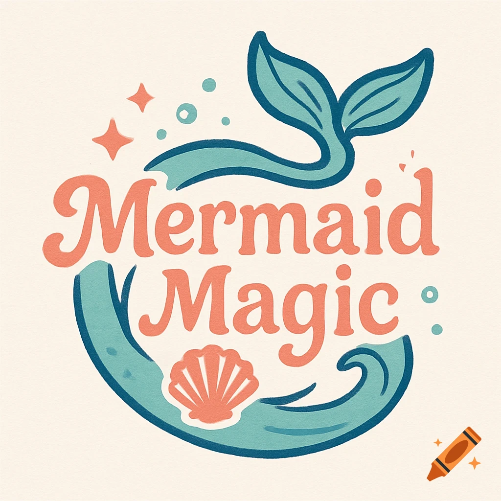 A logo with a mermaid tail and seashell surrounding the text "Mermaid Magic".