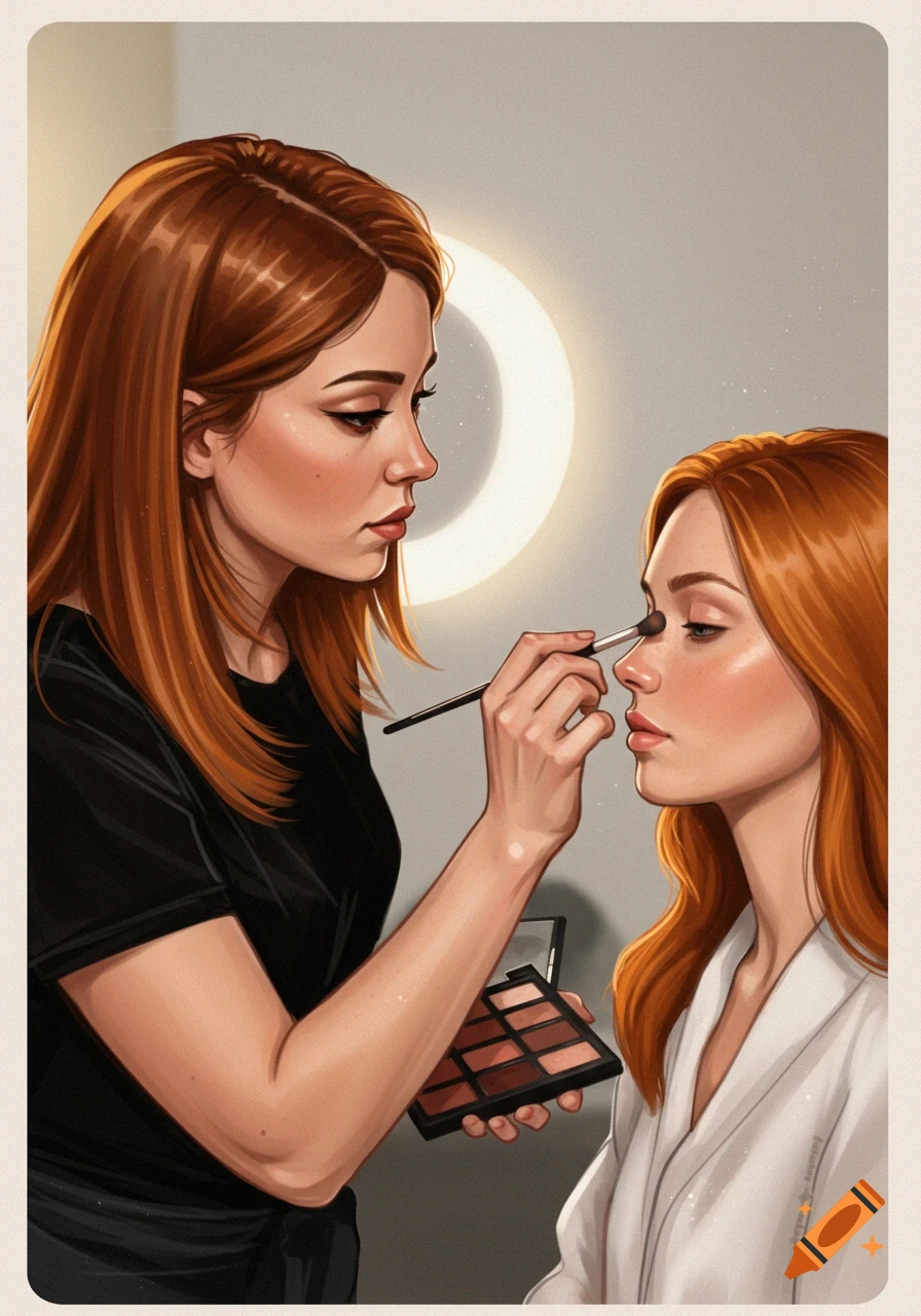 Illustration of a makeup artist applying makeup to a woman.