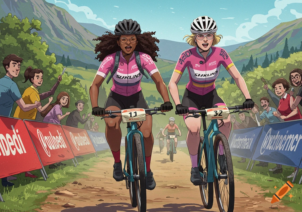 Two women mountain biking in a race, spectators cheering, stylized illustration.