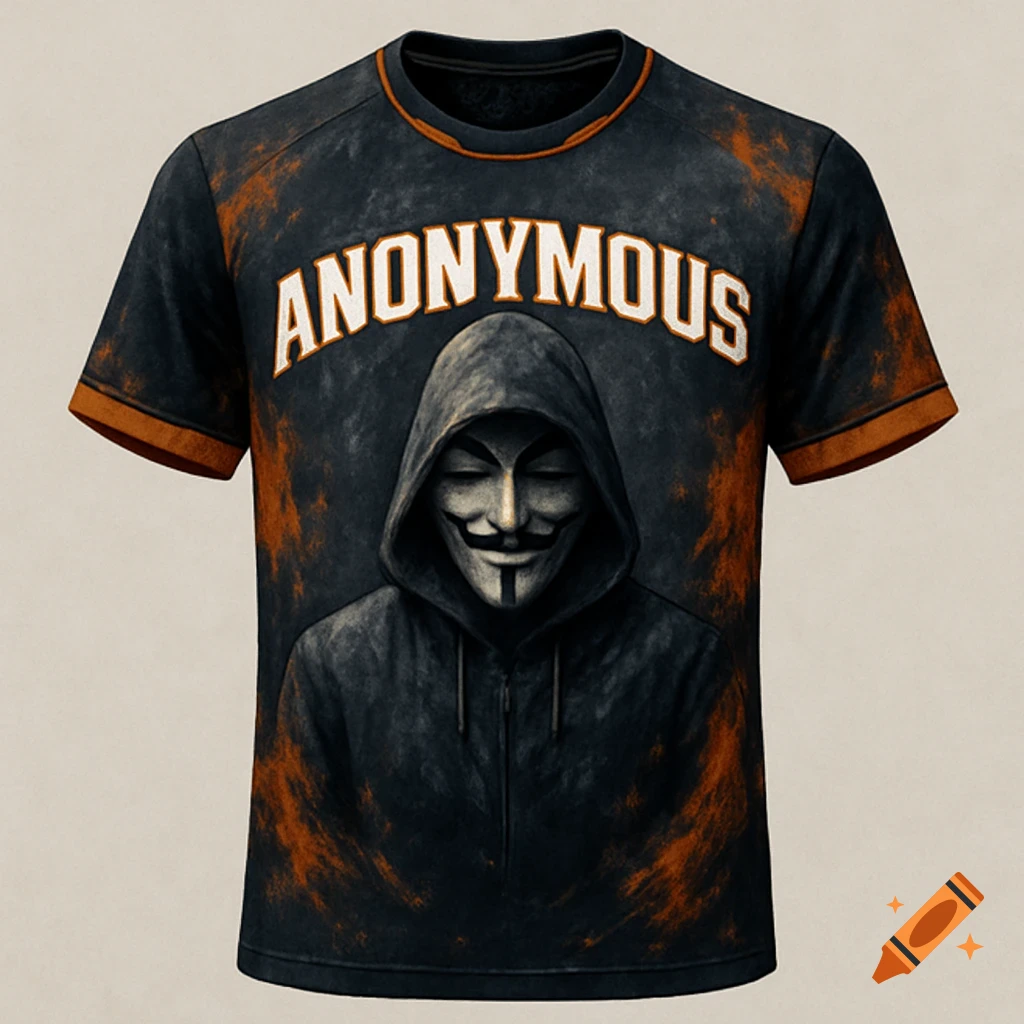 A t-shirt featuring a Guy Fawkes mask figure below the text ANONYMOUS.
