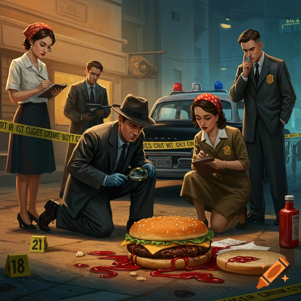 1950s investigators examine a giant hamburger at a crime scene with police tape.