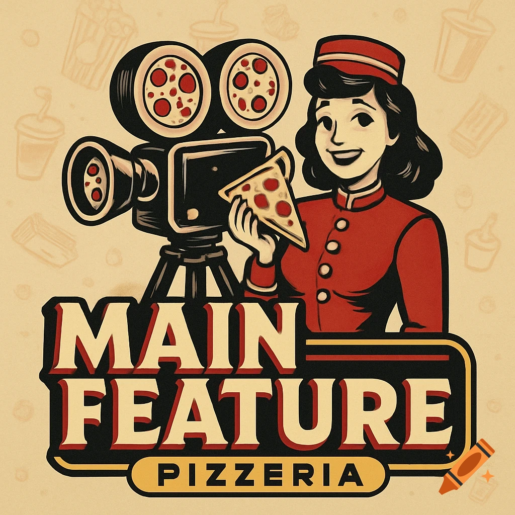 A retro cartoon logo for Main Feature Pizzeria with a woman, movie camera, and pizza.