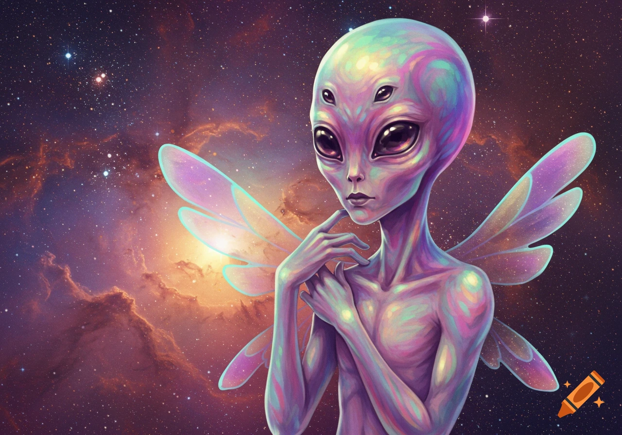 Purple alien with five eyes and fairy wings in space nebula.