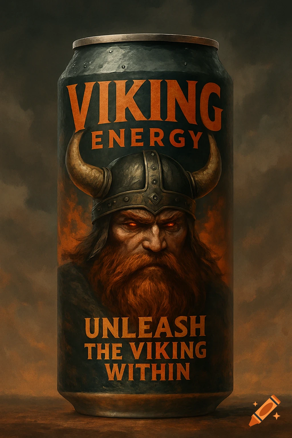 Dark energy drink can with a fierce Viking portrait and orange text.