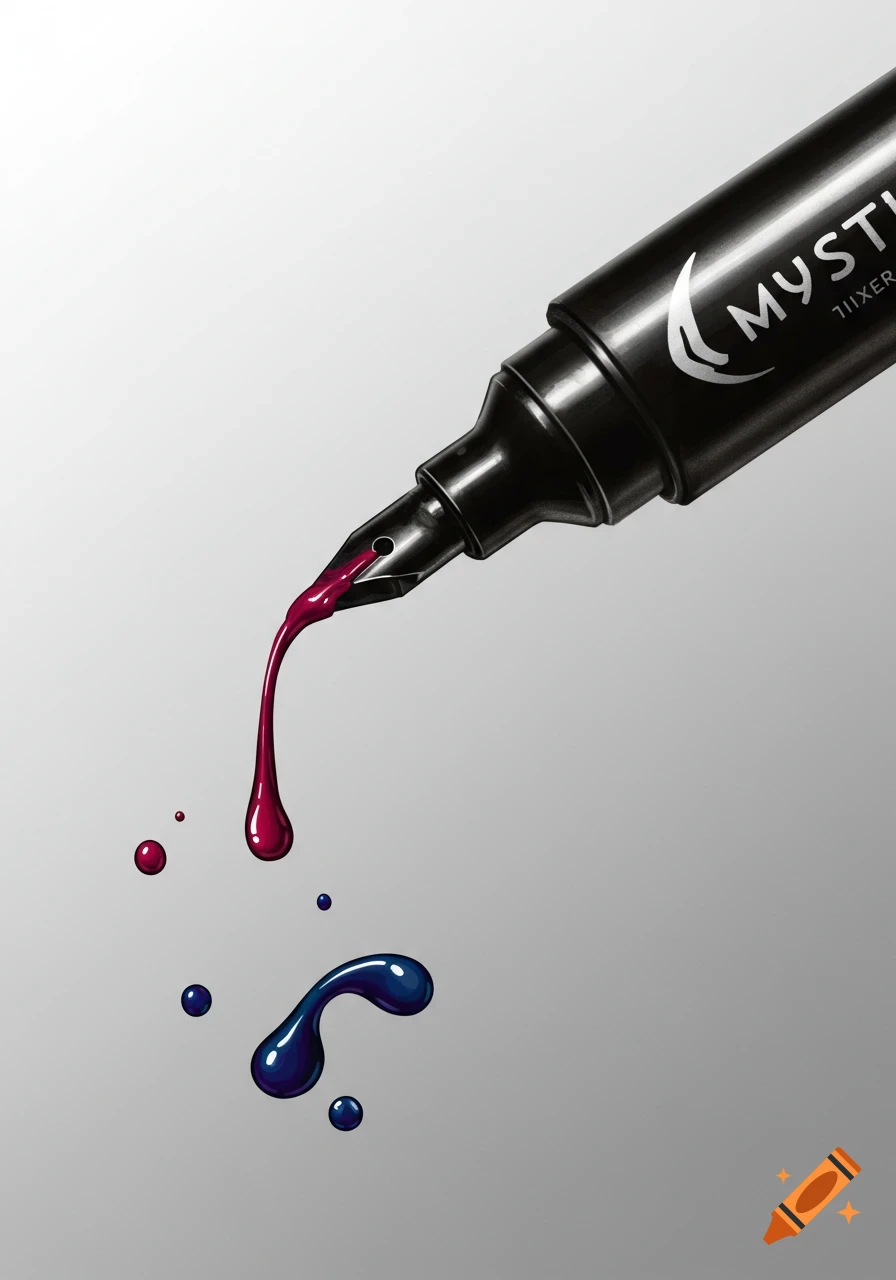 A black marker pen drips red and blue ink onto a grey surface.