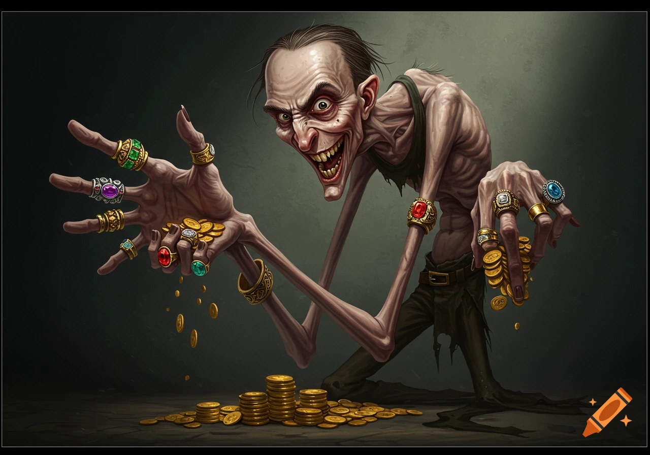 Grotesque skinny man with many rings holds gold coins in a dark, illustrated style.