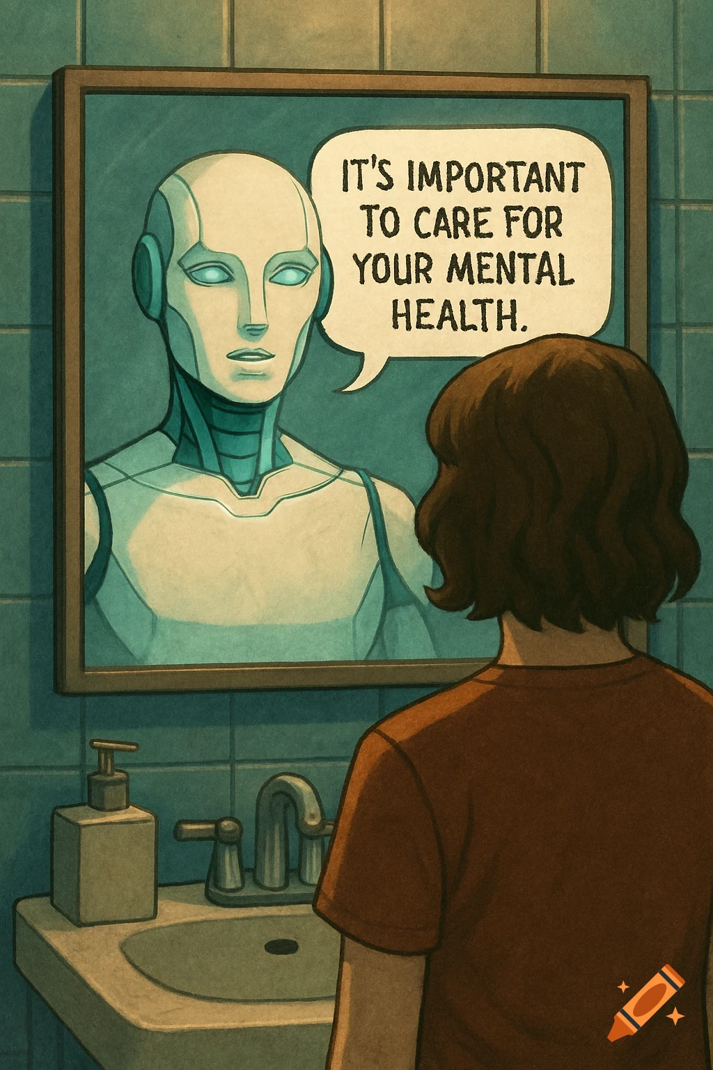 A person looks into a bathroom mirror, seeing a robot reflection with a speech bubble saying 'IT'S IMPORTANT TO CARE FOR YOUR MENTAL HEALTH.' Digital illustration style.