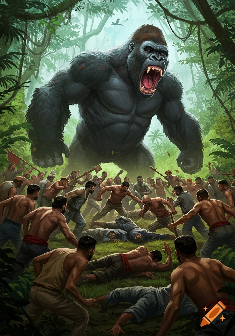 Illustration of a giant gorilla attacking a large group of men in a jungle