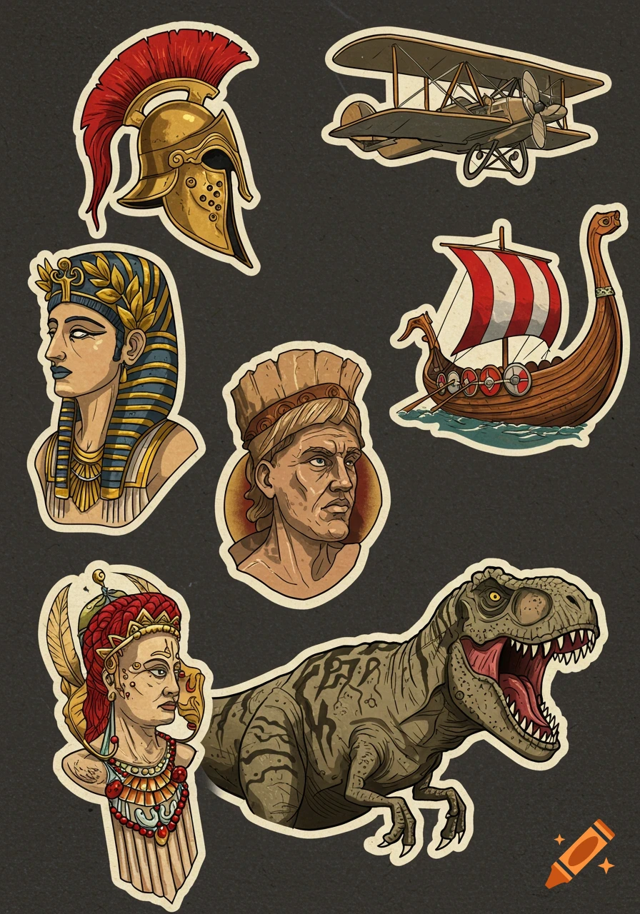 A collection of history-themed flash tattoo illustrations including a Roman helmet, Egyptian bust, Viking ship, biplane, and T-Rex.