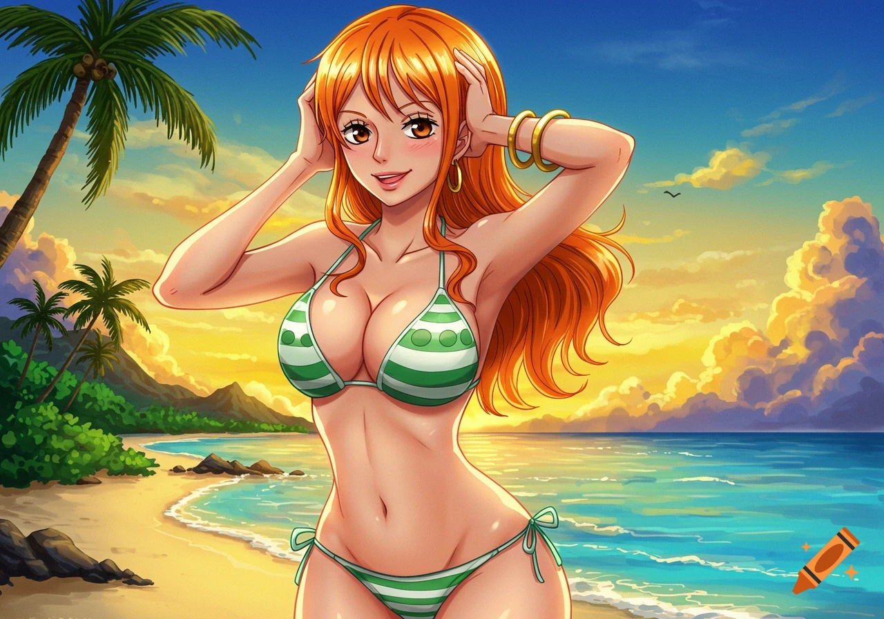 Anime drawing of Nami in a bikini on a tropical beach at sunset.