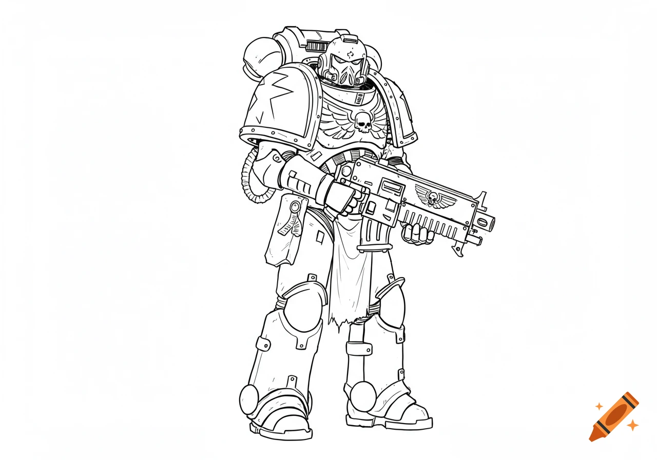 Line drawing of a Warhammer 40k Space Marine holding a bolter.
