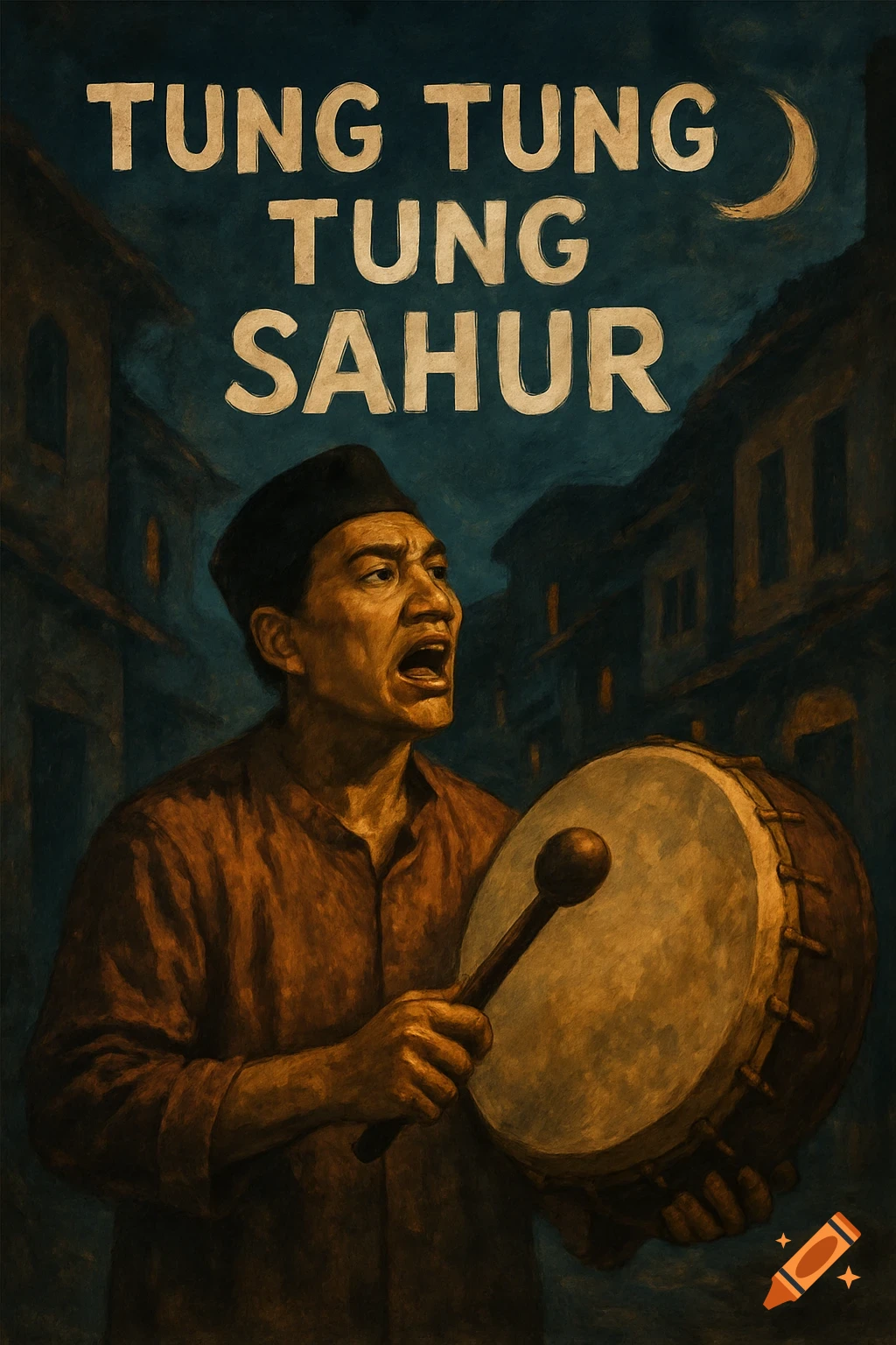 Painting of a man drumming and shouting at night in a city street, with text 'TUNG TUNG TUNG SAHUR'