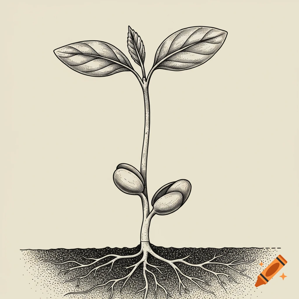 Detailed botanical drawing of a seedling showing leaves, stem, and roots in soil.