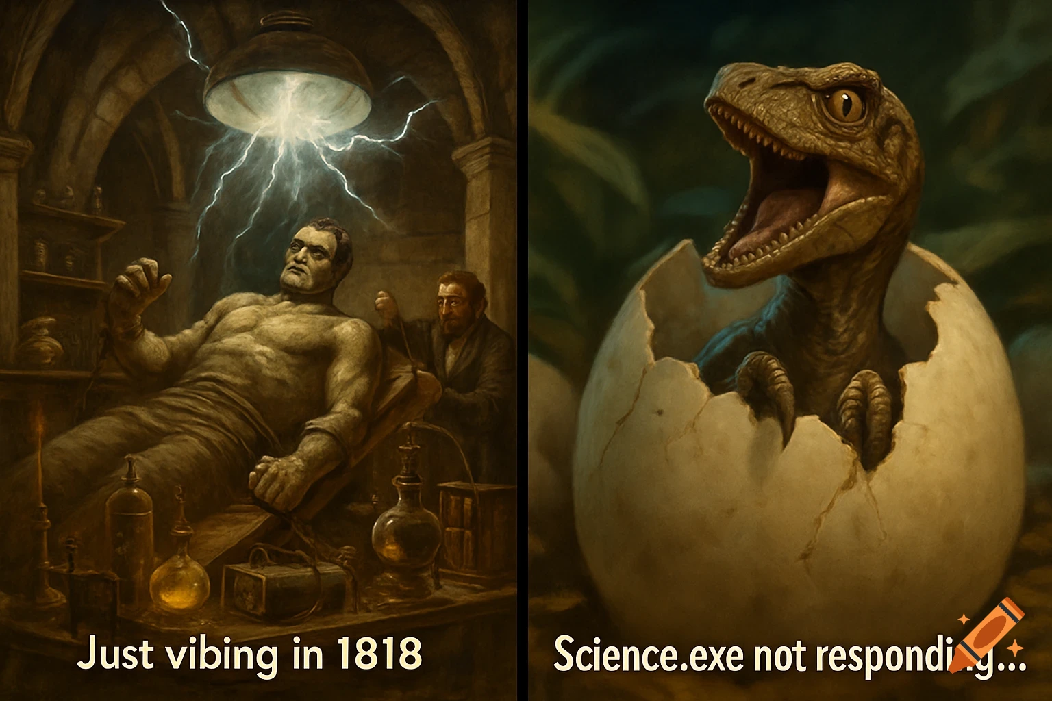 Split meme: Frankenstein monster in lab with text "Just vibing in 1818" and raptor hatching with text "Science.exe not responding...".