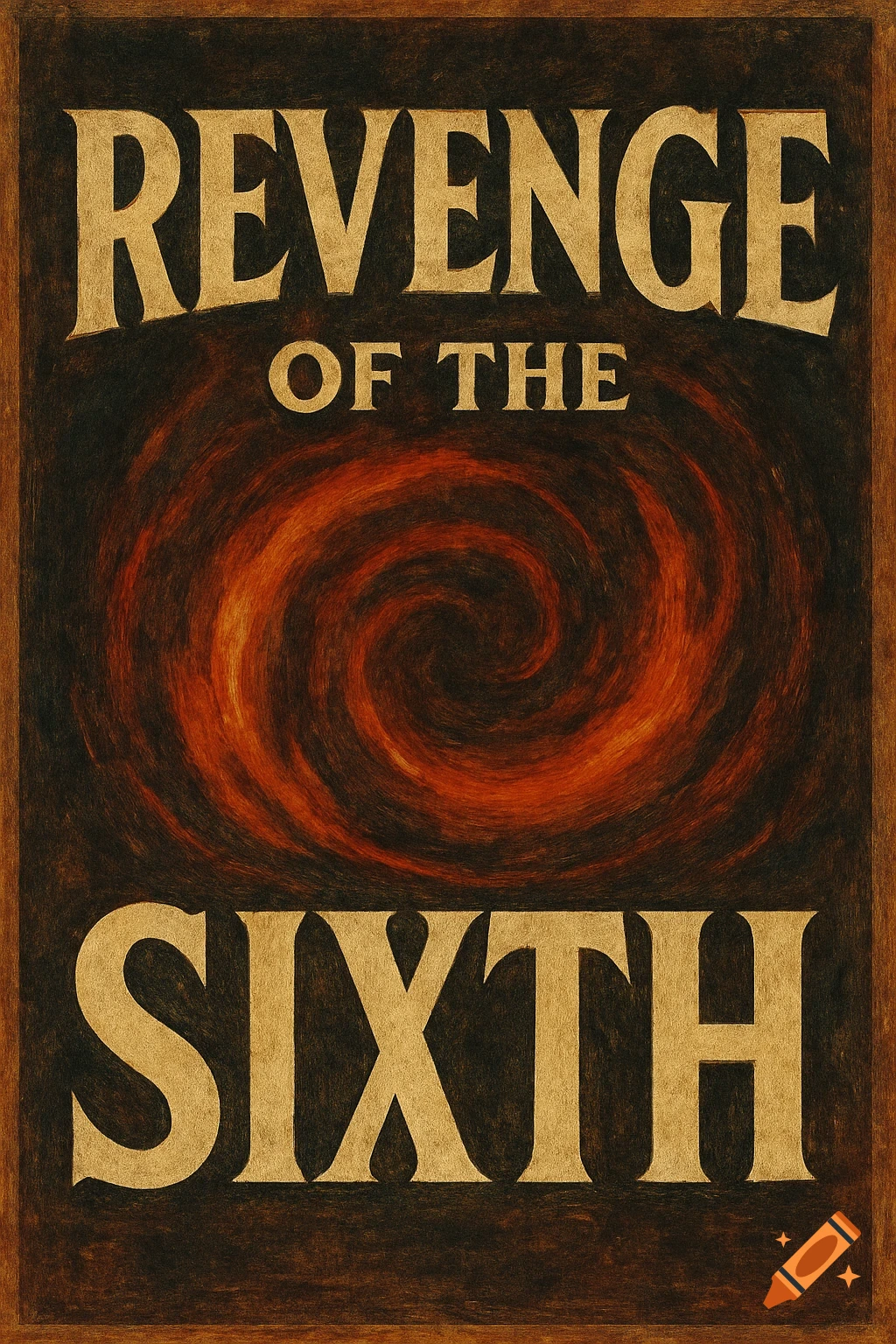 Poster-style image with text 'REVENGE OF THE SIXTH' over a swirling red and black pattern.