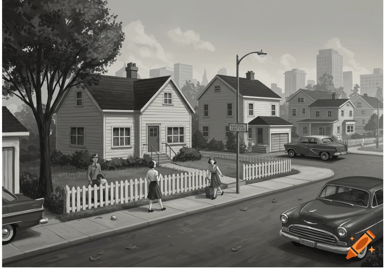 Black and white drawing of a 1950s suburban street scene with houses, vintage cars, and people walking.