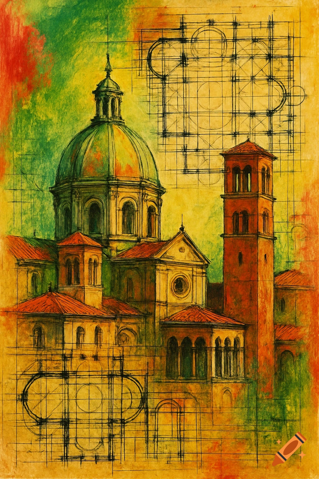 Italian architectural drawing with schematic elements in acrylic and ink