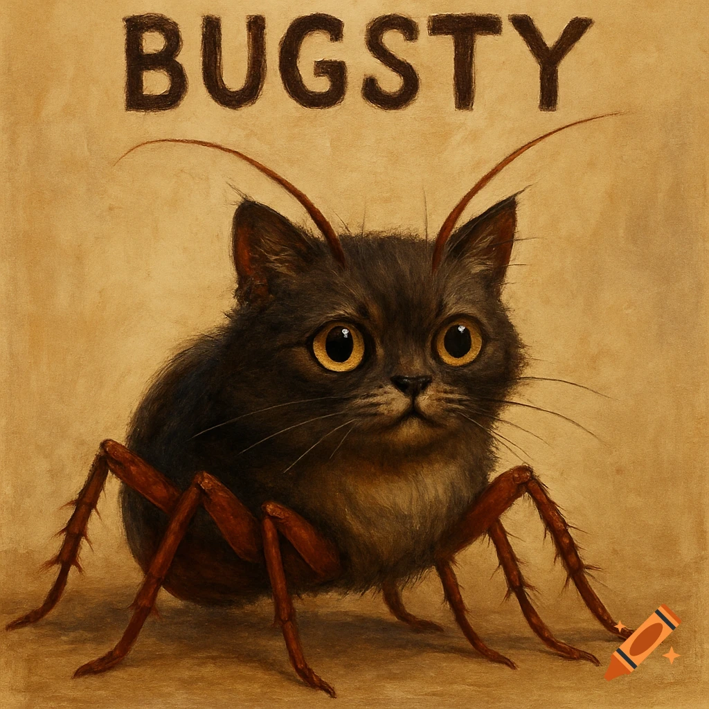 Painting of a furry black cat with large eyes, cockroach legs, and antennae, with the text "BUGSTY" above.