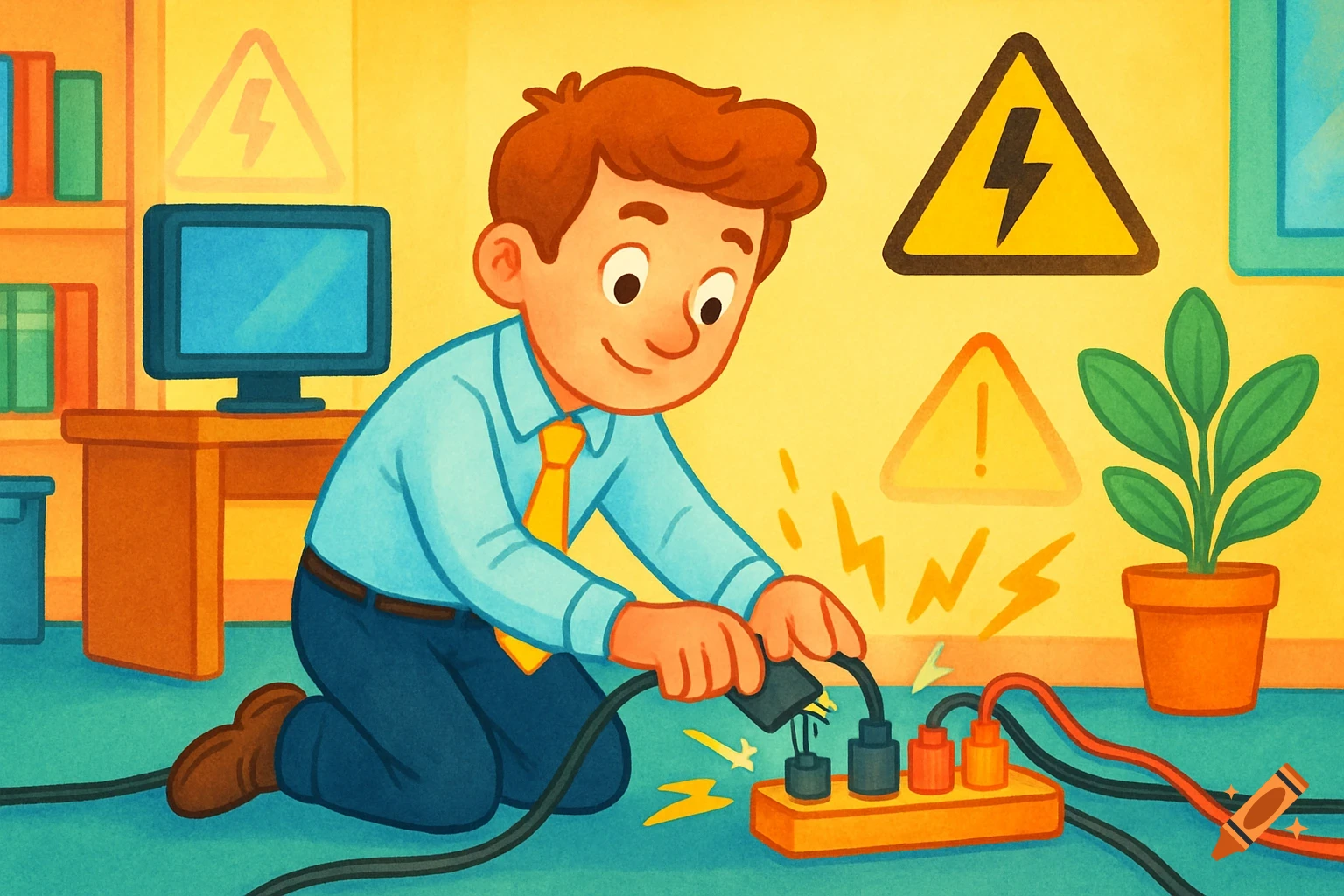 Cartoon illustration of a person plugging into an overloaded power strip with sparks and warning signs, emphasizing electrical safety.