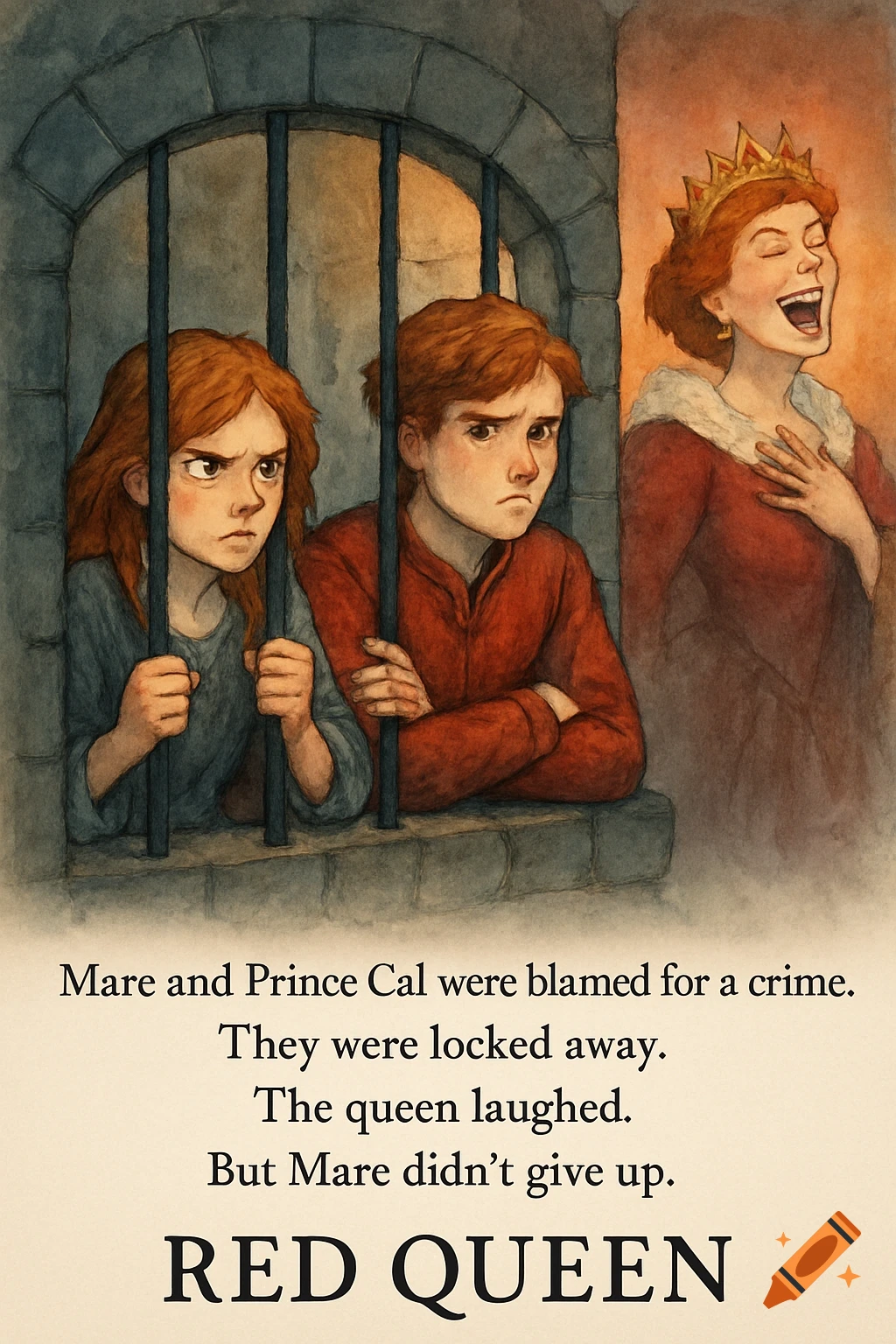 Watercolor illustration of two children in a cell watching a laughing queen.