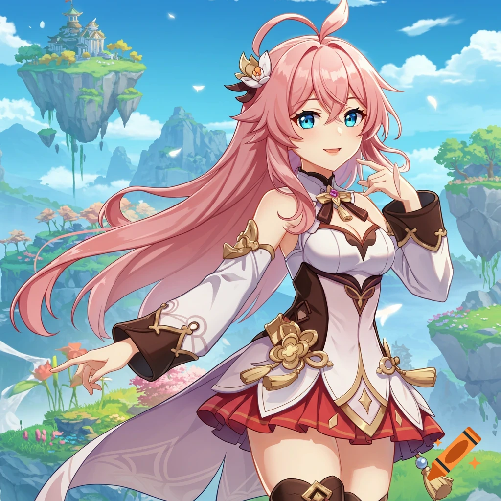 Anime girl with pink hair and blue eyes in a fantasy landscape with floating islands.