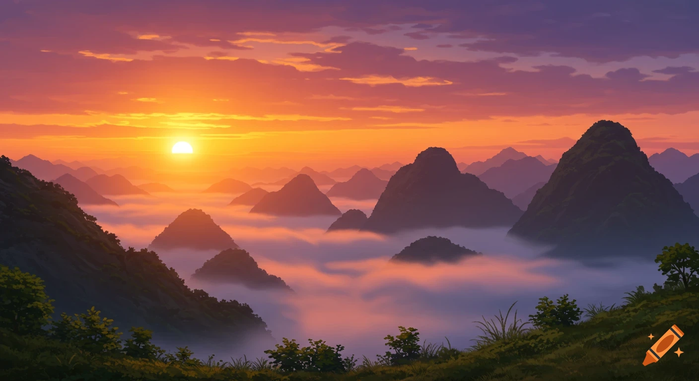 A vibrant sunrise over jagged mountains shrouded in mist, in an illustrative style.