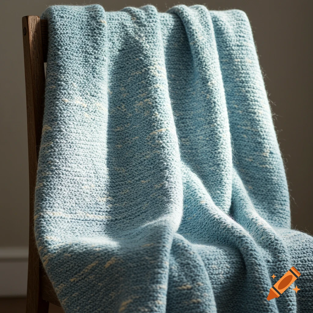 A light blue knitted blanket with white speckles draped over a wooden chair