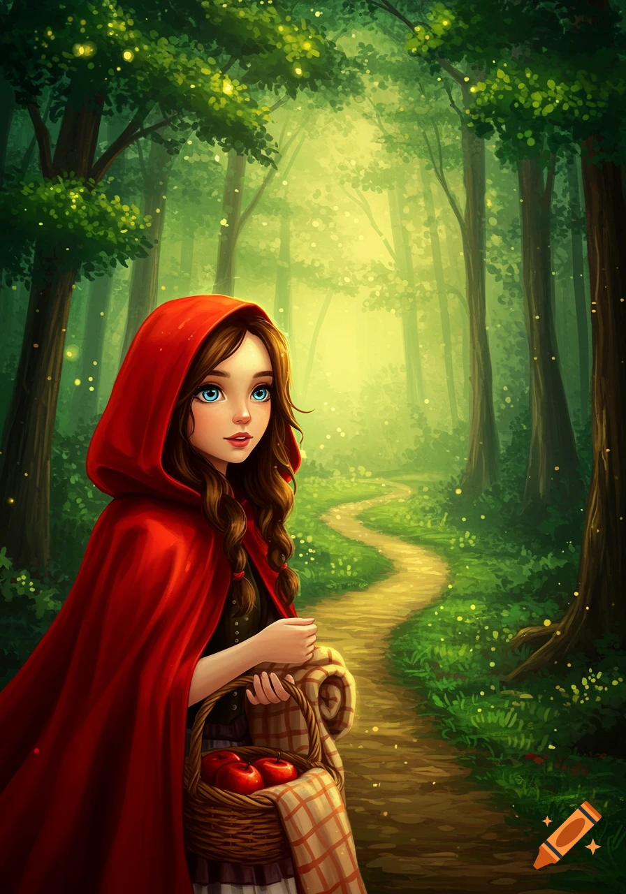 Little Red Riding Hood walks on a path through a glowing forest.