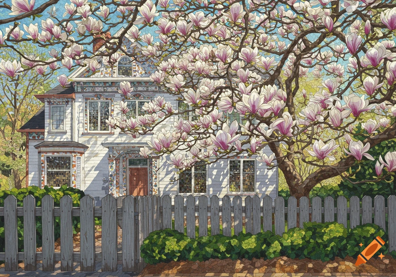 Mosaic art of a white house with a grey fence and large blooming magnolia tree.