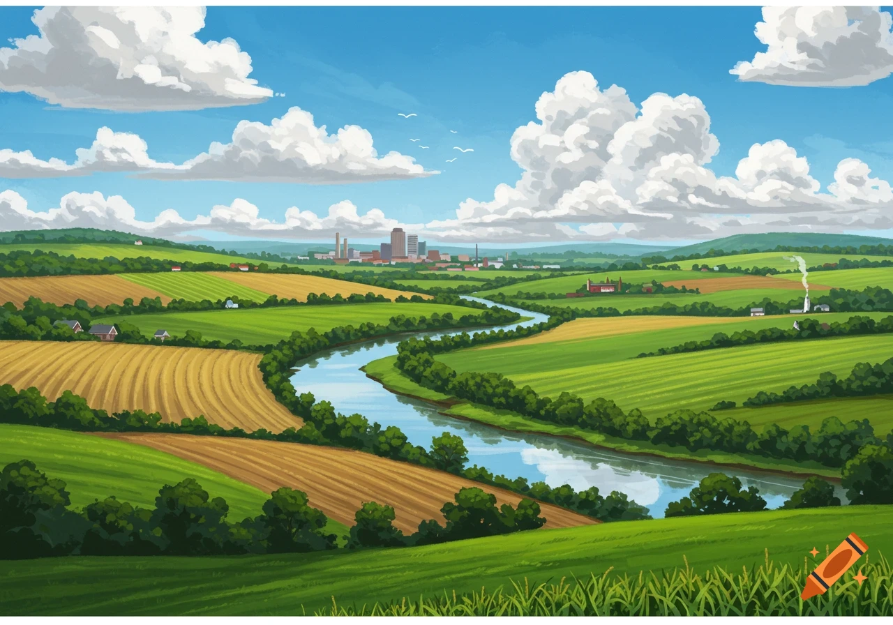 Stylized illustration of a river winding through green and brown fields towards a distant town under a cloudy blue sky.