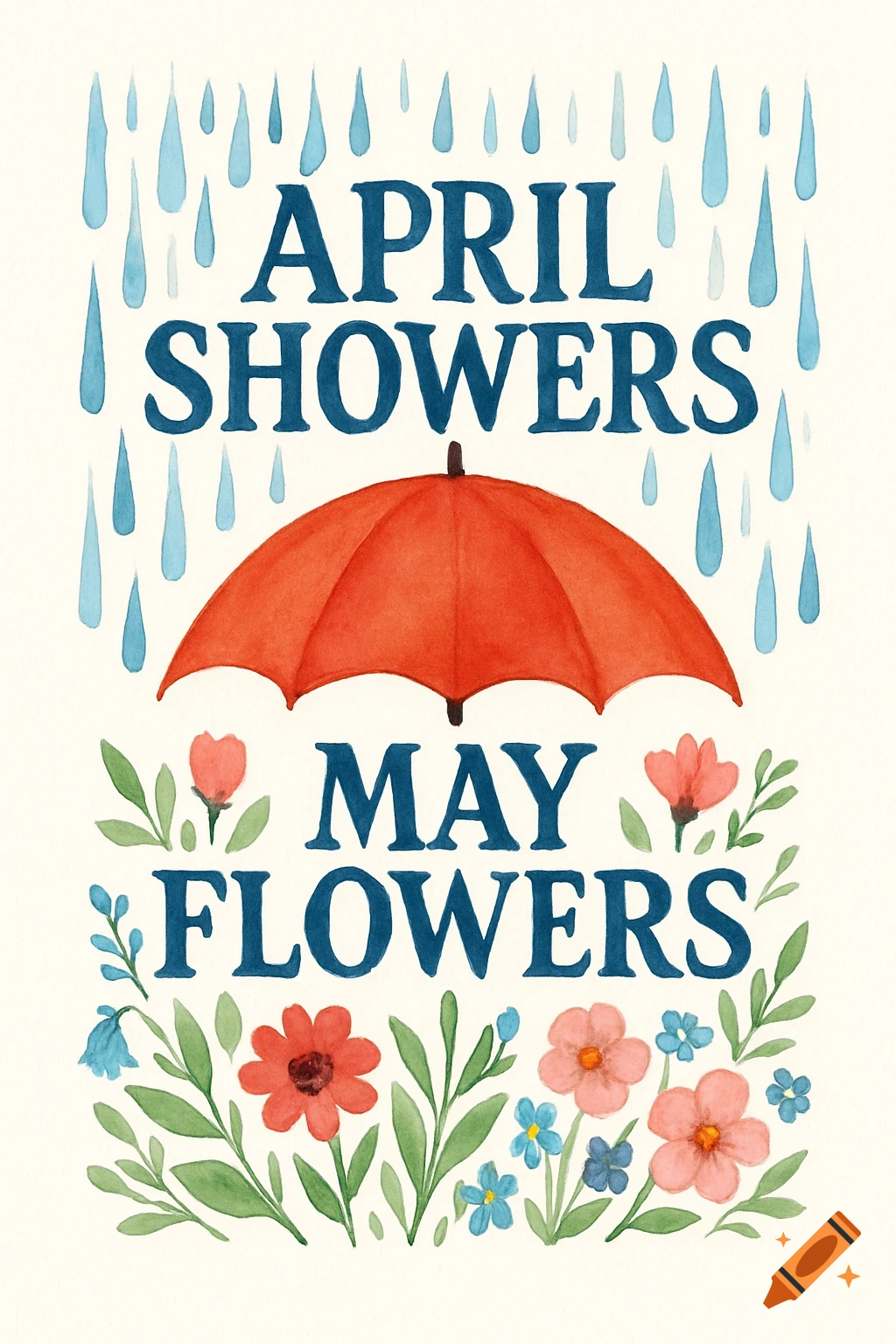 Watercolor illustration with rain, a red umbrella, and flowers below text that reads 'April Showers May Flowers'.