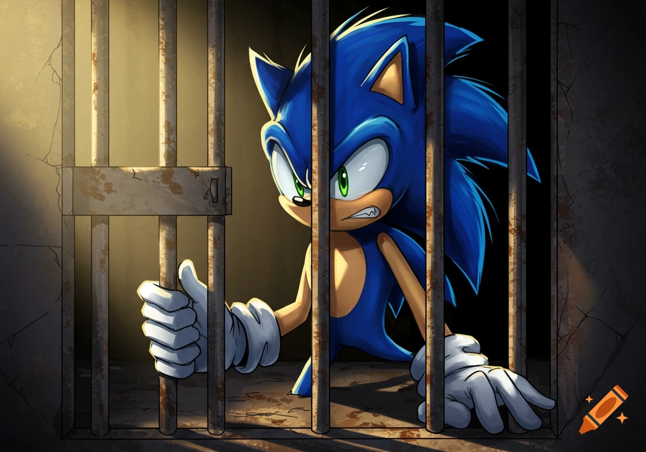 Sonic the Hedgehog looks out grimly from behind rusty prison bars in a digital illustration.
